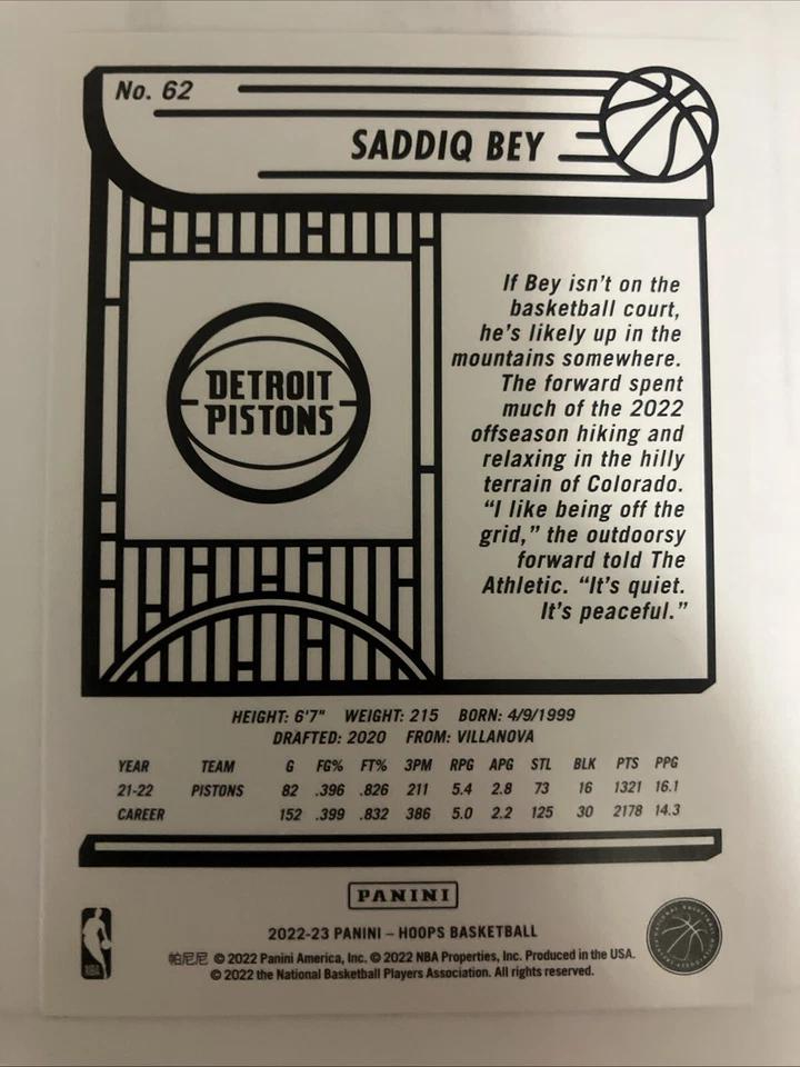 2022-23 panini hoops Saddiq Bey #62 - Image 2 of 2