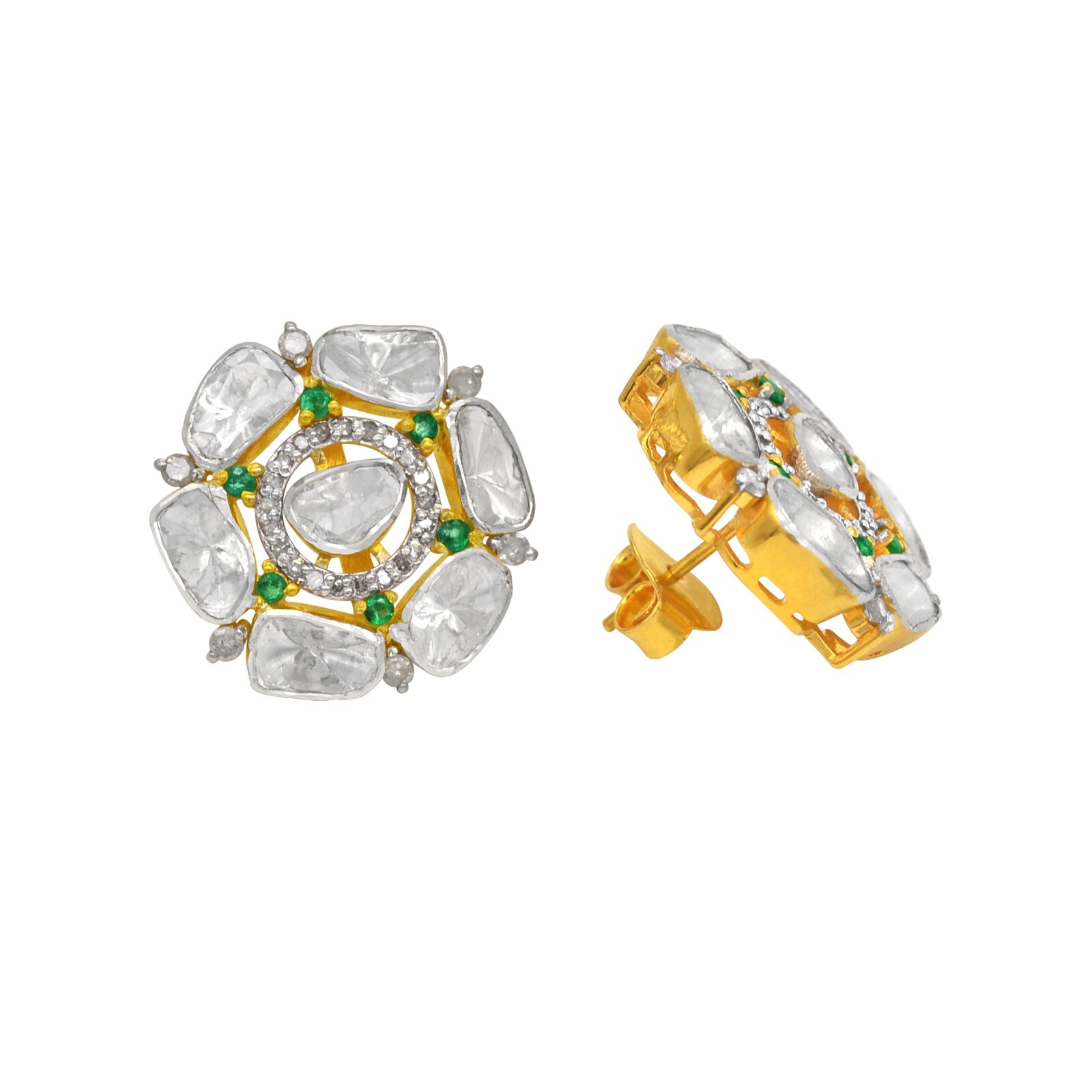 ALTRA Coppia borchie argento sterling 925 placcato oro 18 kt smeraldo naturale diamante polki