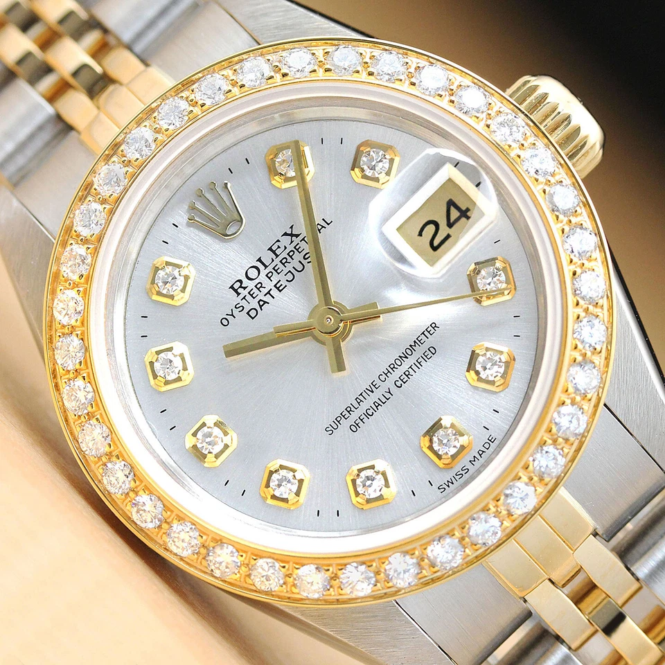 ROLEX LADIES DATEJUST SILVER DIAMOND 18K YELLOW GOLD/STEEL QUICKSET WATCH