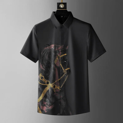 New Luxury Men Diamond Horse Rhinestones Fashion Button-Down Shirt High Quality