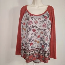 Signature Studio Womens Top Shirt Size L Gray Red Black Floral Long Sleeve 