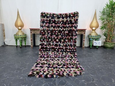 Moroccan Handmade Vintage Rug 2'7''x5'5'' Berber Checkered Pink Cotton Area Rug