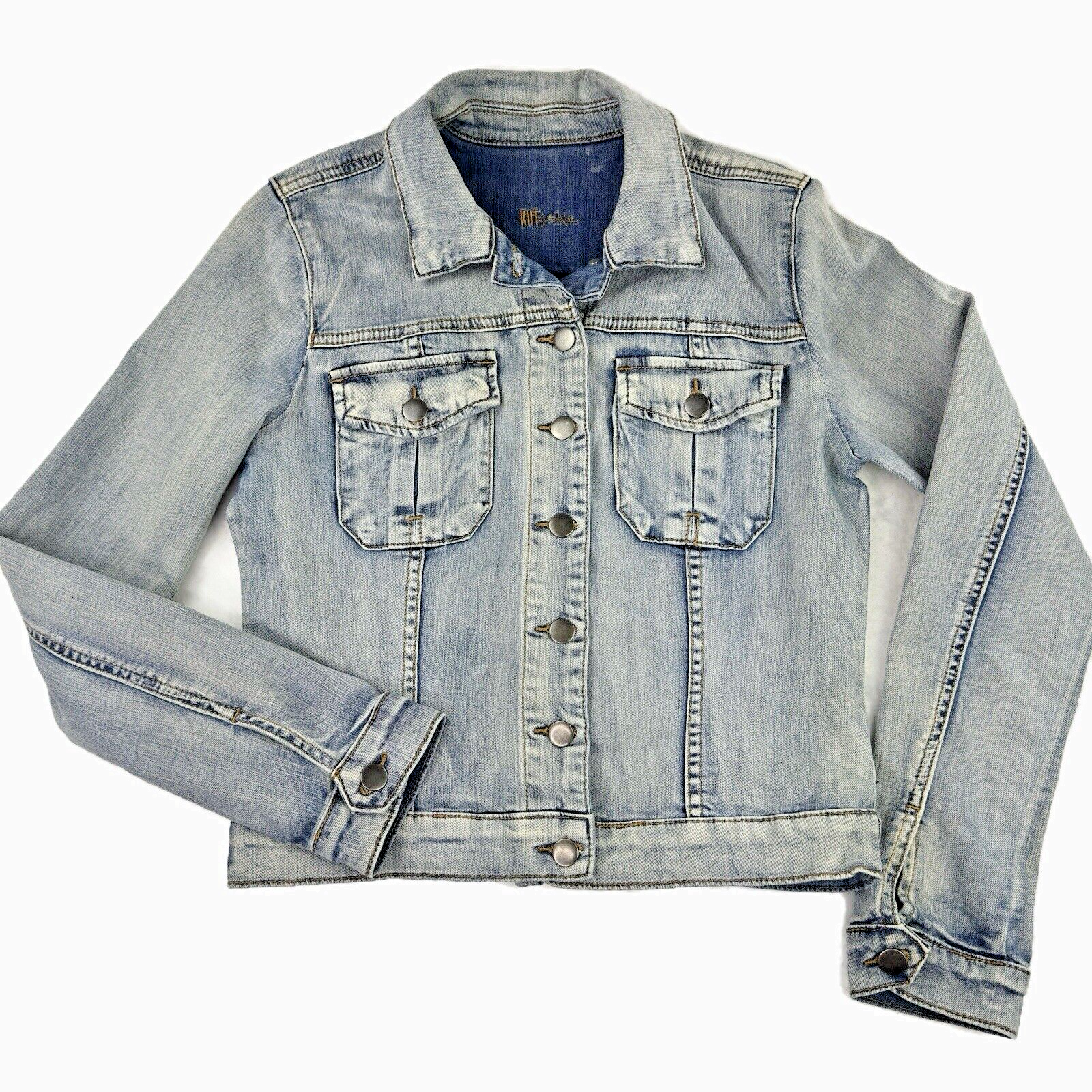 Kut from the Kloth Jean Jacket Distressed Médium Wash Size M Stretch Amelia