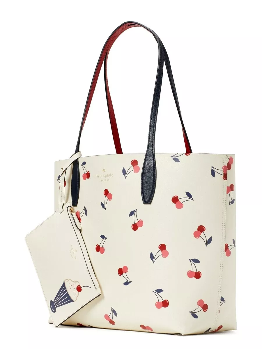 New Kate Spade Bing Large Reversible Tote with Pouch Dancing Cherries Cream