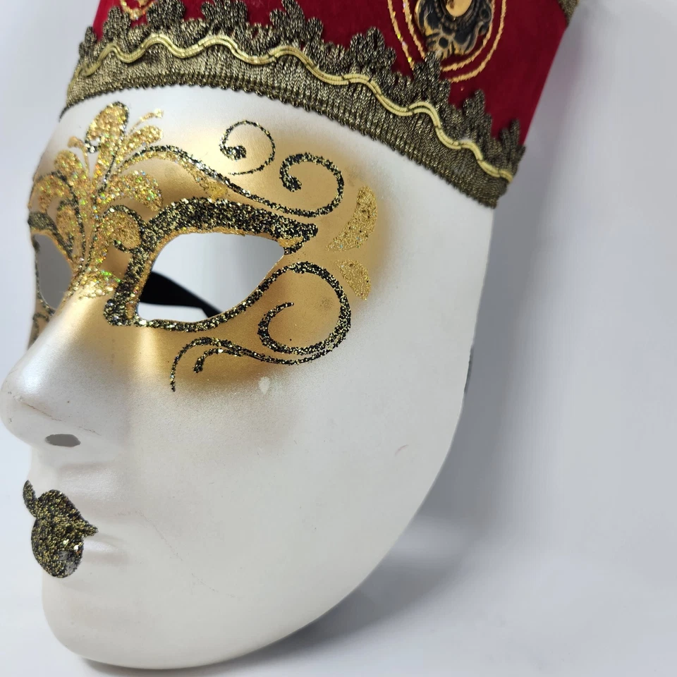VTG Venetian Italian Masquerade Red & Gold Volto Princess Crown Full Face Mask - Image 3 of 4