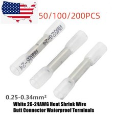 200Pcs White Heat Shrink Butt Wire Connectors Crimp Terminals AWG 26-24 Gauge US