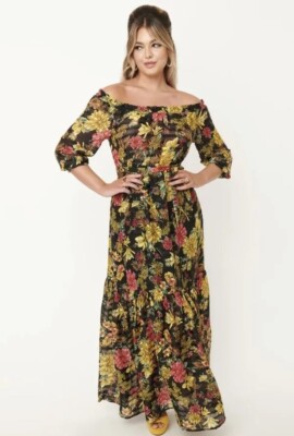 NWT Unique Vintage Sweet Escape Maxi Dress Black Yellow Floral