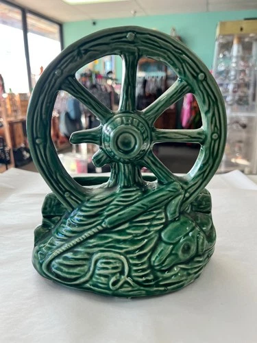 Vintage 1950's McCoy Green Wagon Wheel Cow Skull Whip Planter