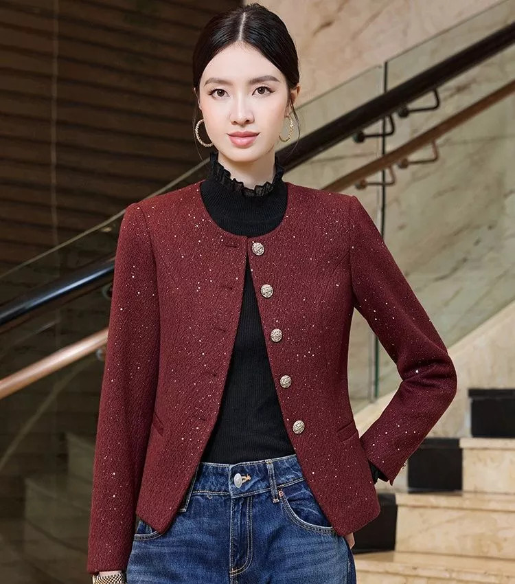 Chaqueta Burdeos Elegante Con Botones De Joyas Silueta Femenina Chic CF59565