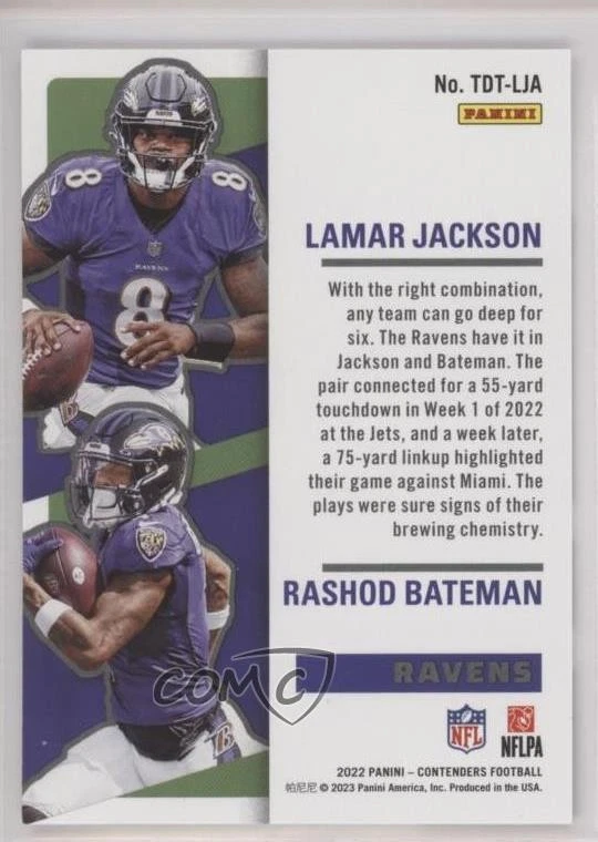2022 Contenders Touchdown Tandems Platinum /10 Lamar Jackson Rashod Bateman - Image 2 of 2