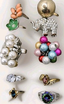 VTG Ring Lot 10 Gold Silver Tone Costume Rhinestone Cluster Cocktail Elephant
