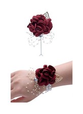 Rose Wedding Wrist Corsage Boutonniere Set Party Prom Hand Ribbon Wine Red