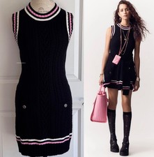 CHANEL 23P BLACK PINK ECRU CABLE KNIT SLEEVELESS CASHMERE MINI DRESS 38