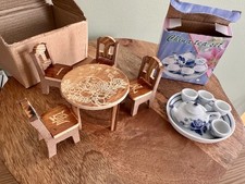 Miniature China Tea Set   Blue Floral, Porcelain  Wood, 1:12 Table  Chairs