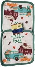 2 Same Printed Kitchen Potholders,HARVEST,AQUA TRUCK WITH PUMPKINS,HELLO FALL,GR