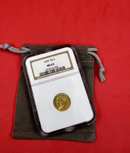 1929 $2.5 GOLD INDIAN HEAD COIN NGC MS63 Historic US Gold Currency 2 1/2 dollars