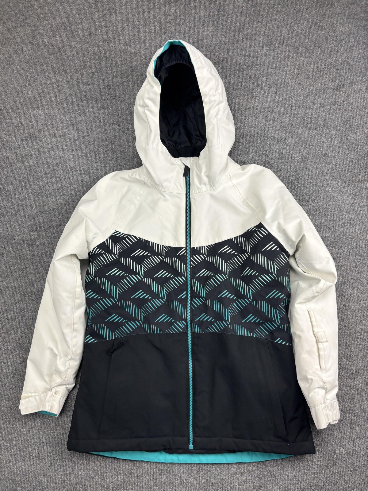 686 Jacket Youth Large White Black Hooded Insulated Snowboard 10K Waterproof