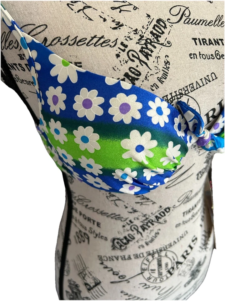 Vintage California Waves Neon Floral Bikini Push Up Top Size M 90s Made In USA - Image 2 of 4