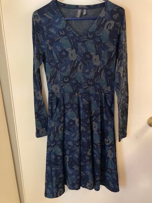Ibex Lightweight Wool V-Neck Longsleeve Dress Pockets Blues Floral S Excellent