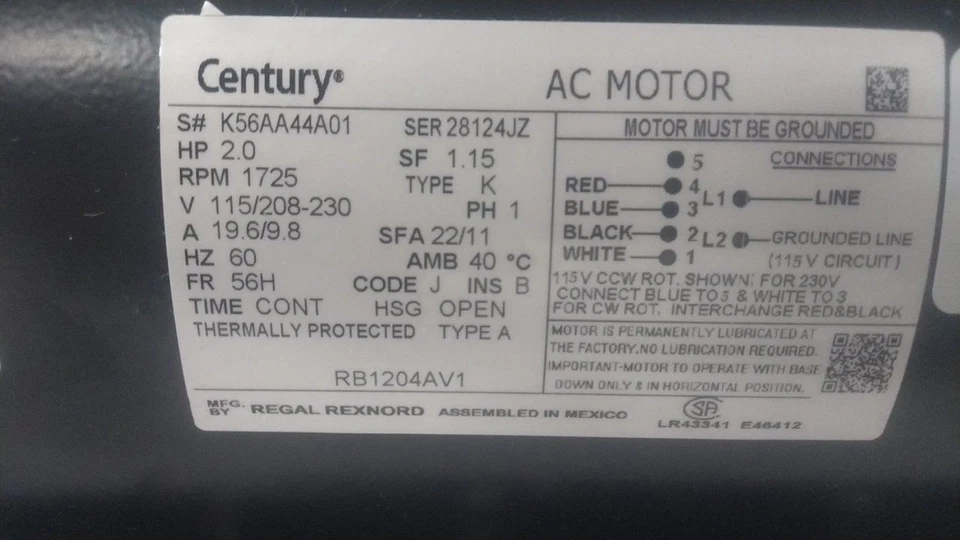 Century RB1204AV1 2 HP 1725 RPM 115/208-230VAC Capacitor-Start Belt Drive Motor - Image 2 of 4
