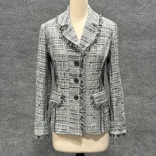 St. John Blazer Womens 4 Black Tweed Fringe Silk Trim Jacket Tailored Workwear