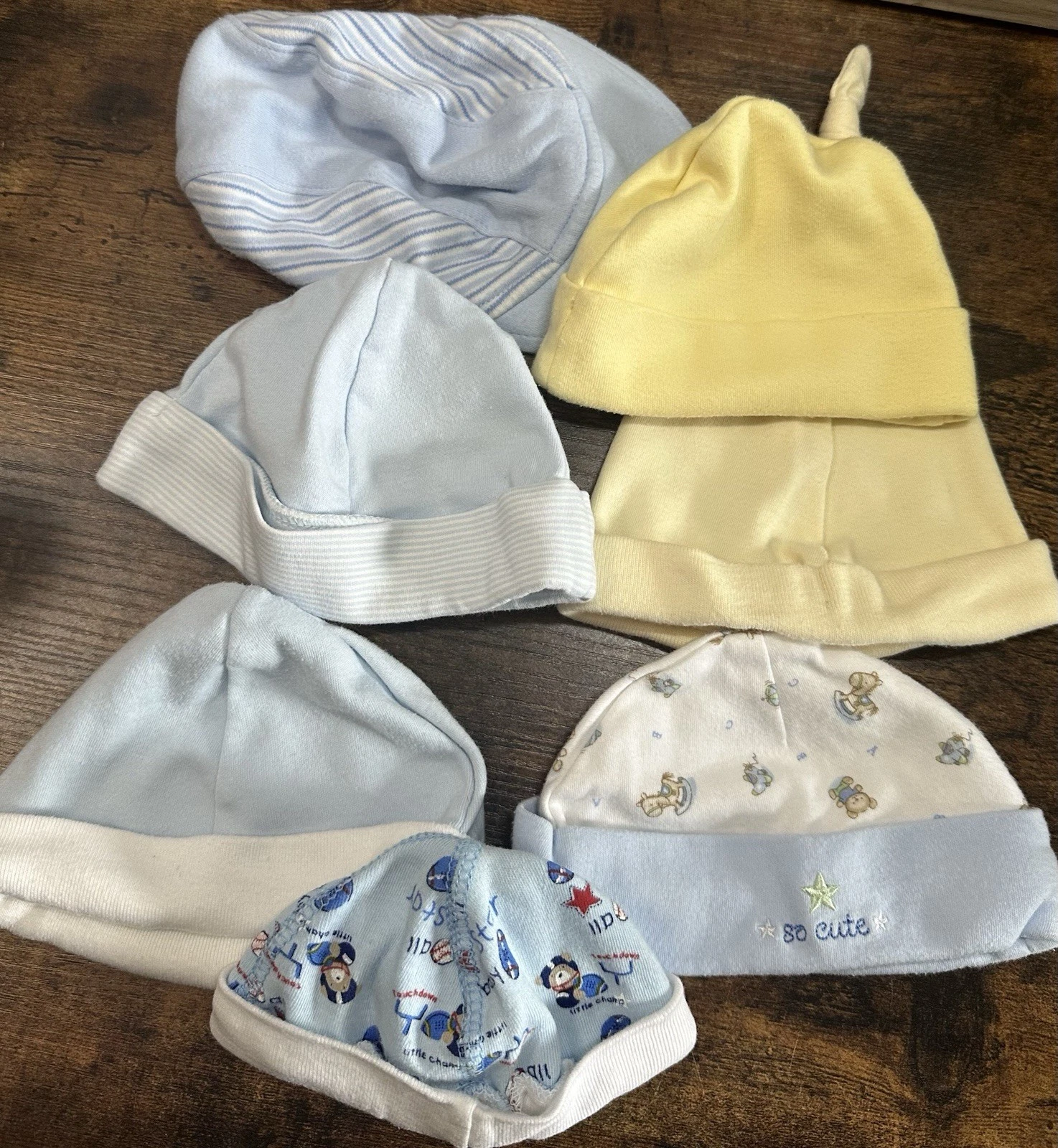Vintage Baby Infant Hat Beanie Cap Lot of 7 Blue Yellow 0-3M One Size Cotton