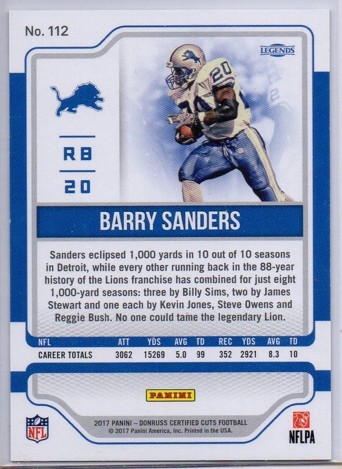 2017 Panini Certified Cuts #112, BARRY SANDERS /399, Detroit Lions, HOF - Image 2 of 2