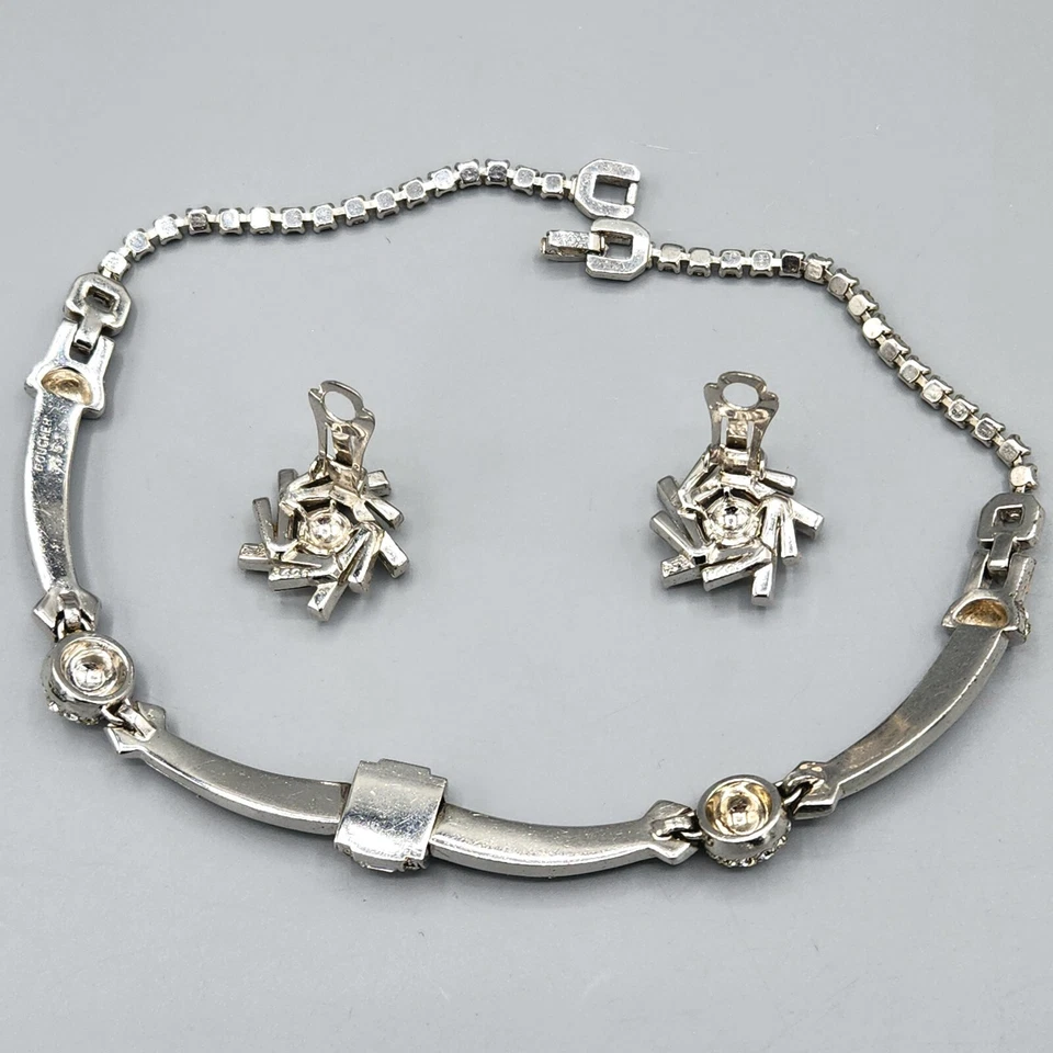 1950 Marcel Boucher Phrygian Cap Baguette Pom Pave Cristal Collar Pendientes Foto 2 de 4