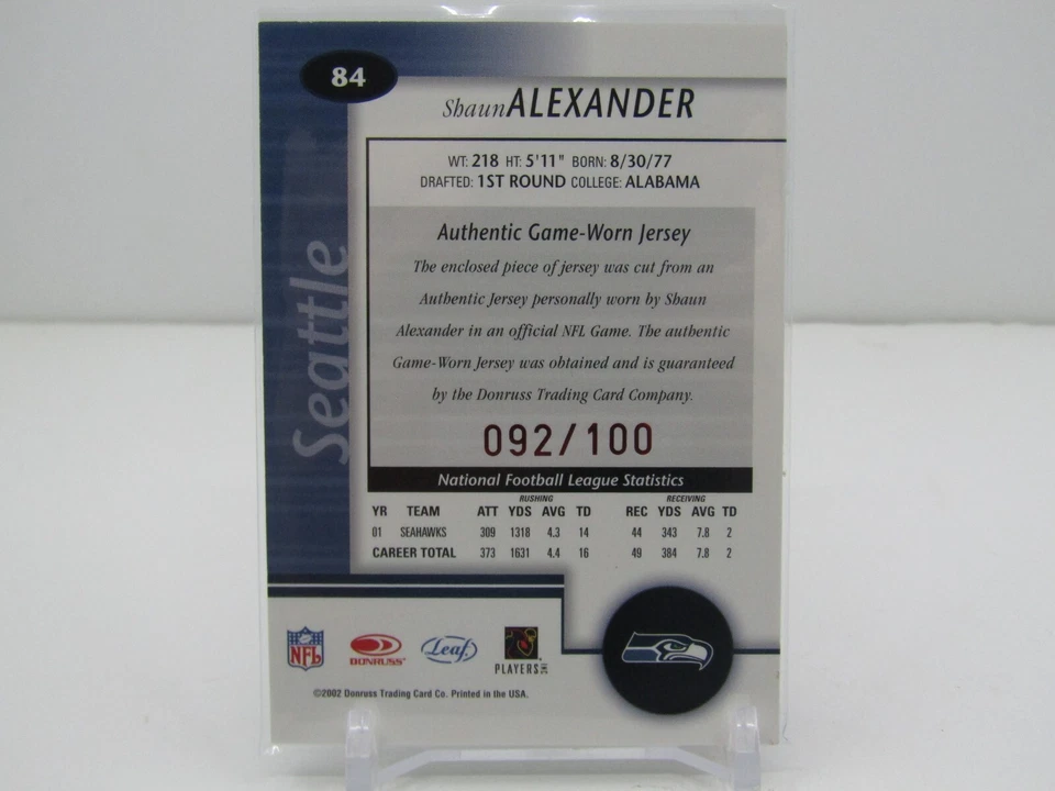 SHAUN ALEXANDER 2002 LEAF CERTIFIED MIRROR RED GAME-WORN JERSEY #092/100!! - Image 2 of 2