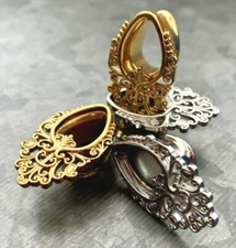 PAIR Elegant Filigree Teardrop Steel Flared Tunnel Plugs Body Jewelry