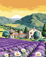 Lavender Field Village Sunset Needlepoint Canvas