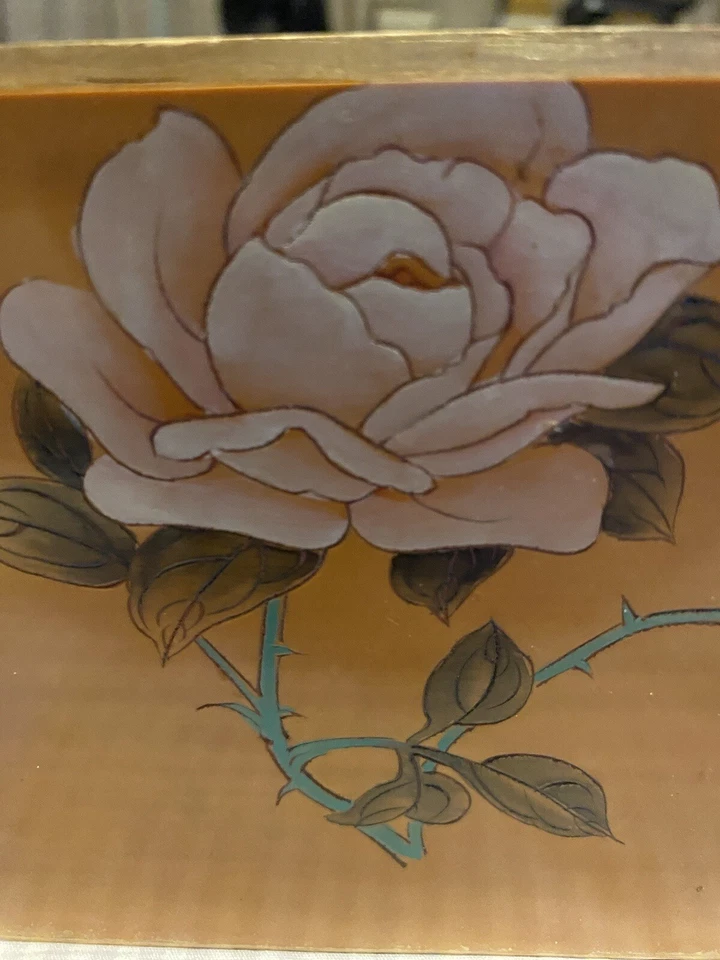 CAJA LACADA CHAPADA BAMBÚ TALLADA CHINA VINTAGE CADDY ROSA PINTADA A MANO De colección Foto 4 de 4