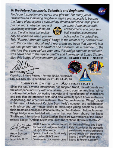 FUTURE ASTRONAUT WINGS -FLOWN METAL-NASA-SCOTT KELLEY SHUTTLE ISS Silver PIN - Picture 3 of 7