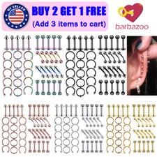 40/60PCS Piercing Kit 316L Steel Nose Septum Rings Belly Tongue Lip Stud 14G 16G