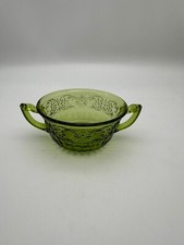 Green Pressed Glass Double Handle Cup Floral Decor 4.5" w x 2.5 h