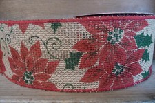 CHRISTMAS POINSETTIA BURLAP WIRE EDGE RIBBON 2 1/2" SPOOL  Crafts Wreath  NEW