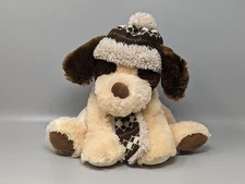 Hugfun Stuffed Christmas Tan Puppy Dog Plush W/ Hat & Scarf 12" Winter Holiday