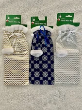 New~”Christmas Wine Bottle Gift Bags”~ Fabric~ Santa Hat Topper/ Ribbon~Lot Of 3