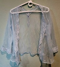 VTG Fredericks Of Hollywood Blue Pastel BED JACKET Short Peignoir Sheer Top Sz L