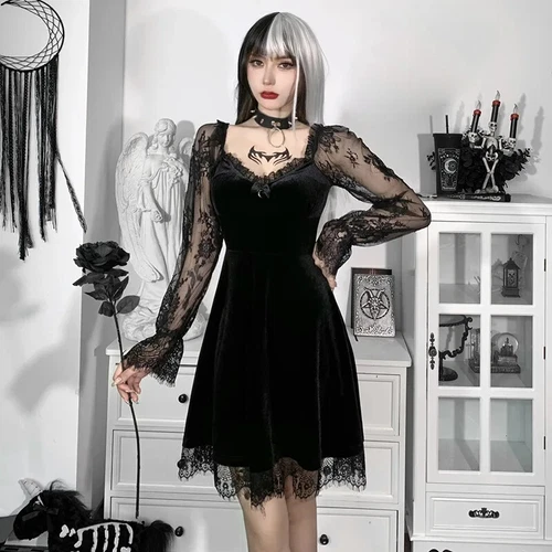 Nuovo mini abito donna pizzo velluto manica lunga volant gotico punk steampunk nero - Foto 14 di 26