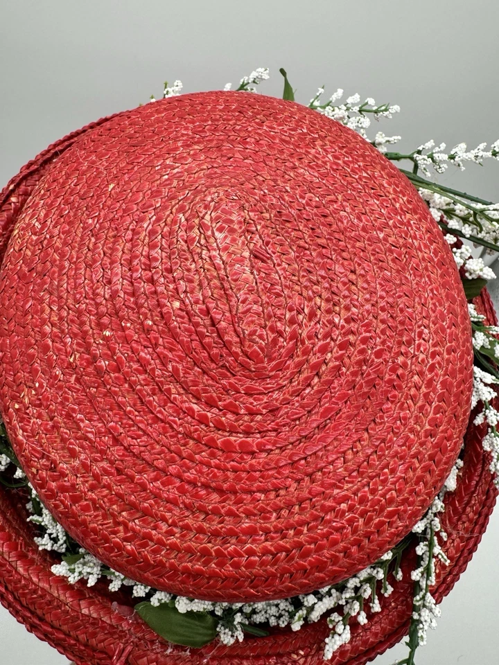 Vintage Handmade Straw Hat Twill Lace Floral Accents Red Church Party Easter - Image 4 of 4