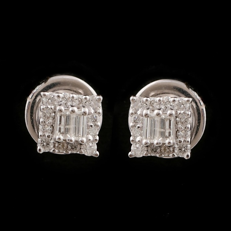 0.15 Ct Natural Diamond Baguette Cluster Halo Stud Earrings 10K White Gold Gift