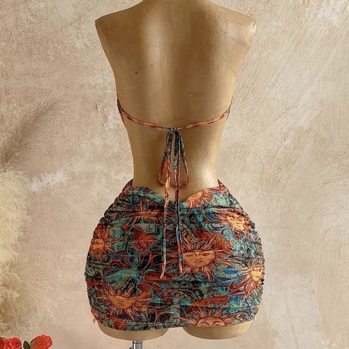 Women’s Halter Backless Bodycon Mini Dress Paisley Sun Beaded Tie Fringe