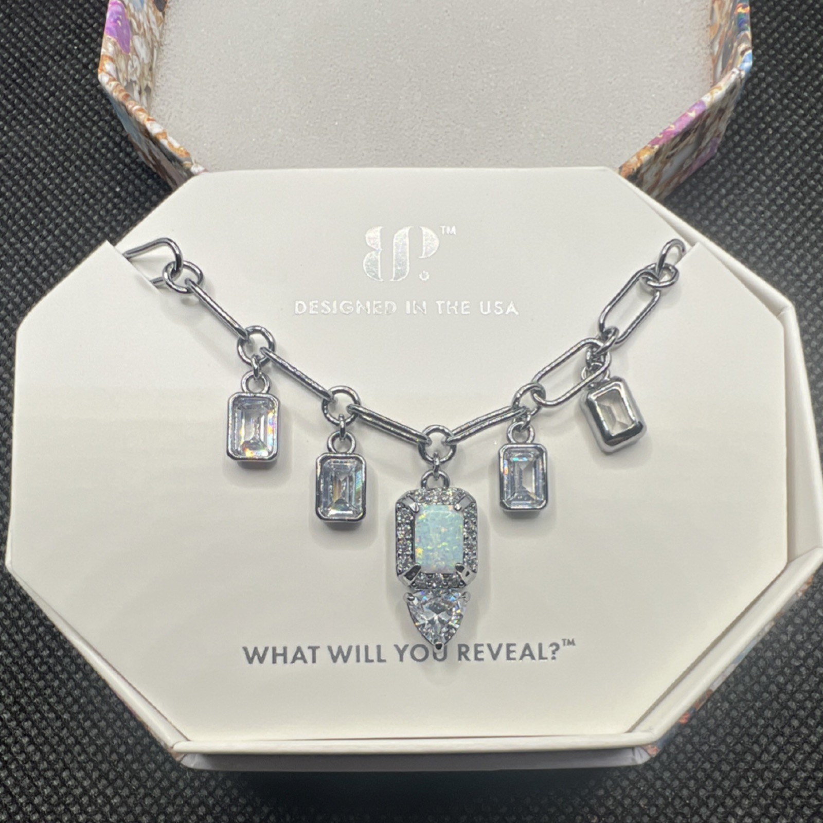 BP Birthday Collection NK86438 Lab White Opal CZ Hematite Plated 18in(518)