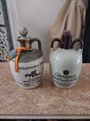 TWO-Vintage Stoneware Whiskey Jugs EMPTY Tullamore Dew Irish & Glenmore Kentucky