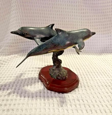 Vintage Bronze Two Dolphins Sculpture on Wood Base 7" x 9.5" TSCO