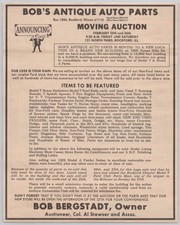 1972 Bob's Antique Auto Parts Moving Auction Bob Bergstadt Rockford IL  Vtg Ad