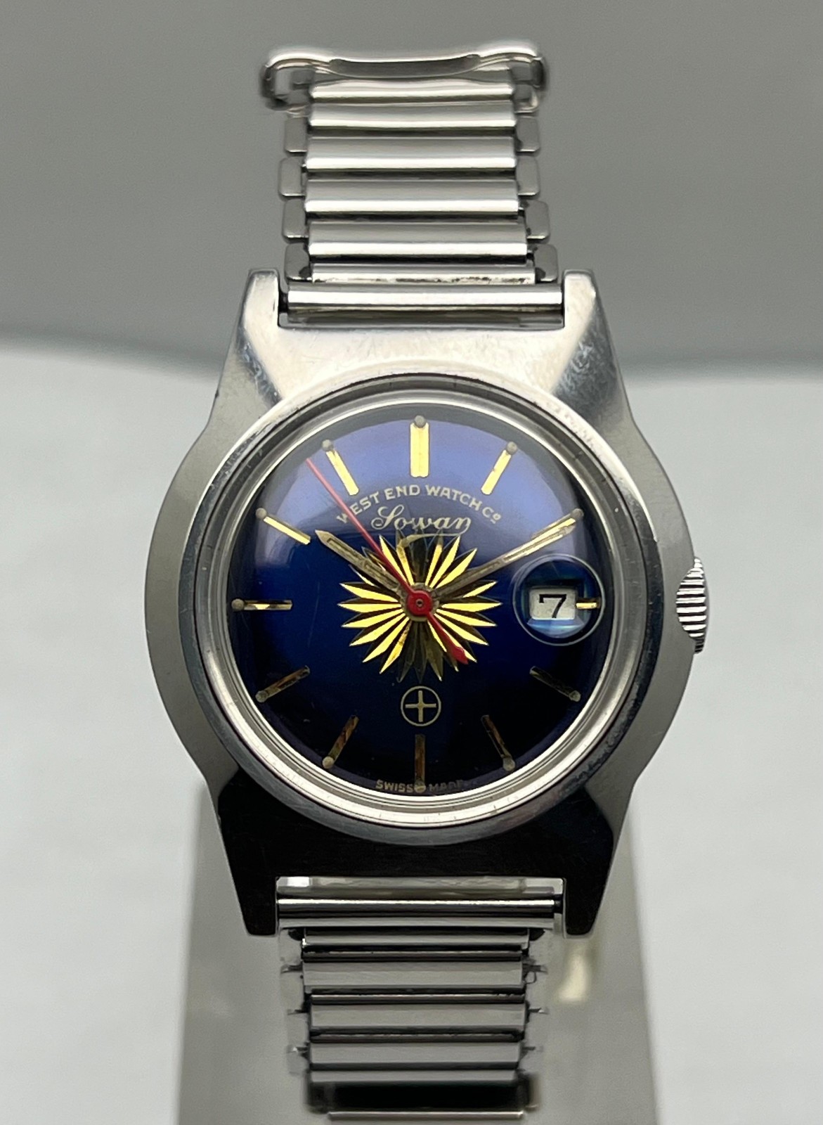 Watch Date Vintage Swiss Made Dial West End Watch Flower Sun Blue - VintageWatches.PK Watch Date Vintage Swiss Made Dial West End Watch Flower Sun Blue - vintagewatches.pk