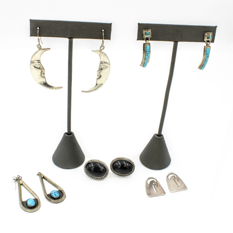 Southwest Sterling Silver Turquoise Black Onyx Moon Earring Lot of 5 #S5036-1