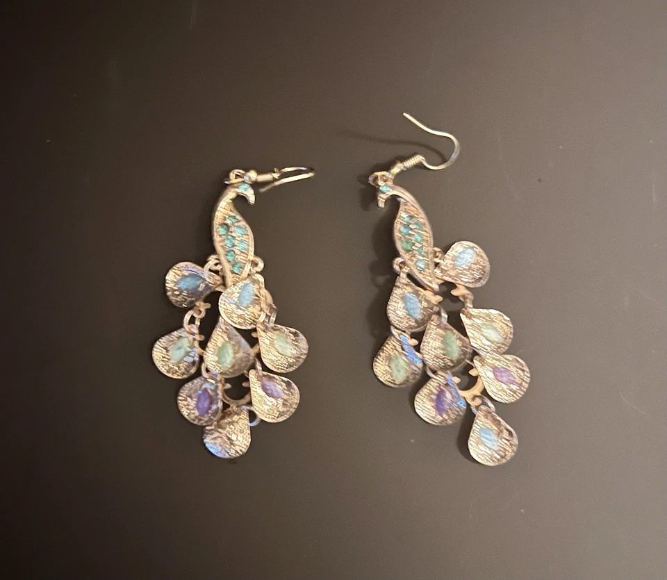 Betsey Johnson Crystal Blue Peacock Gold Filigree Dangle Earrings - Image 4 of 4